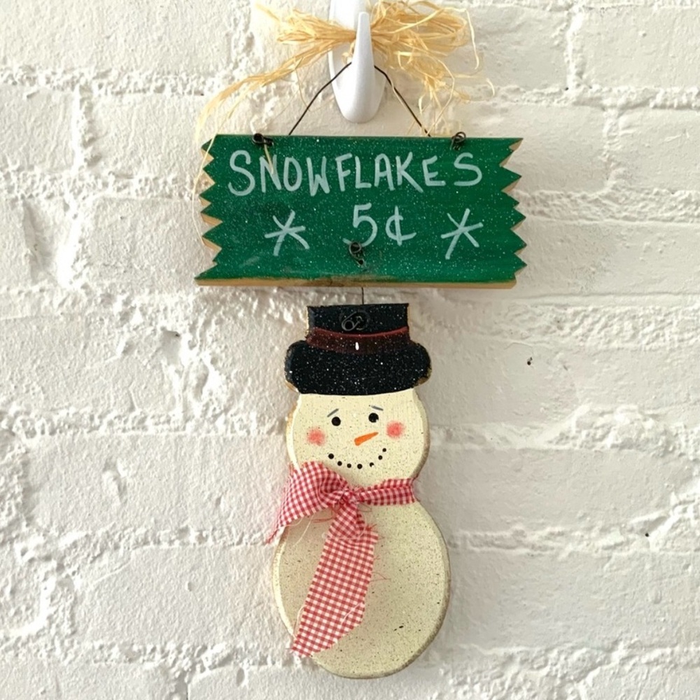 Snowman Holiday Decor Hand Painted Wooden Hanging Wall Decor Snowflakes Winter